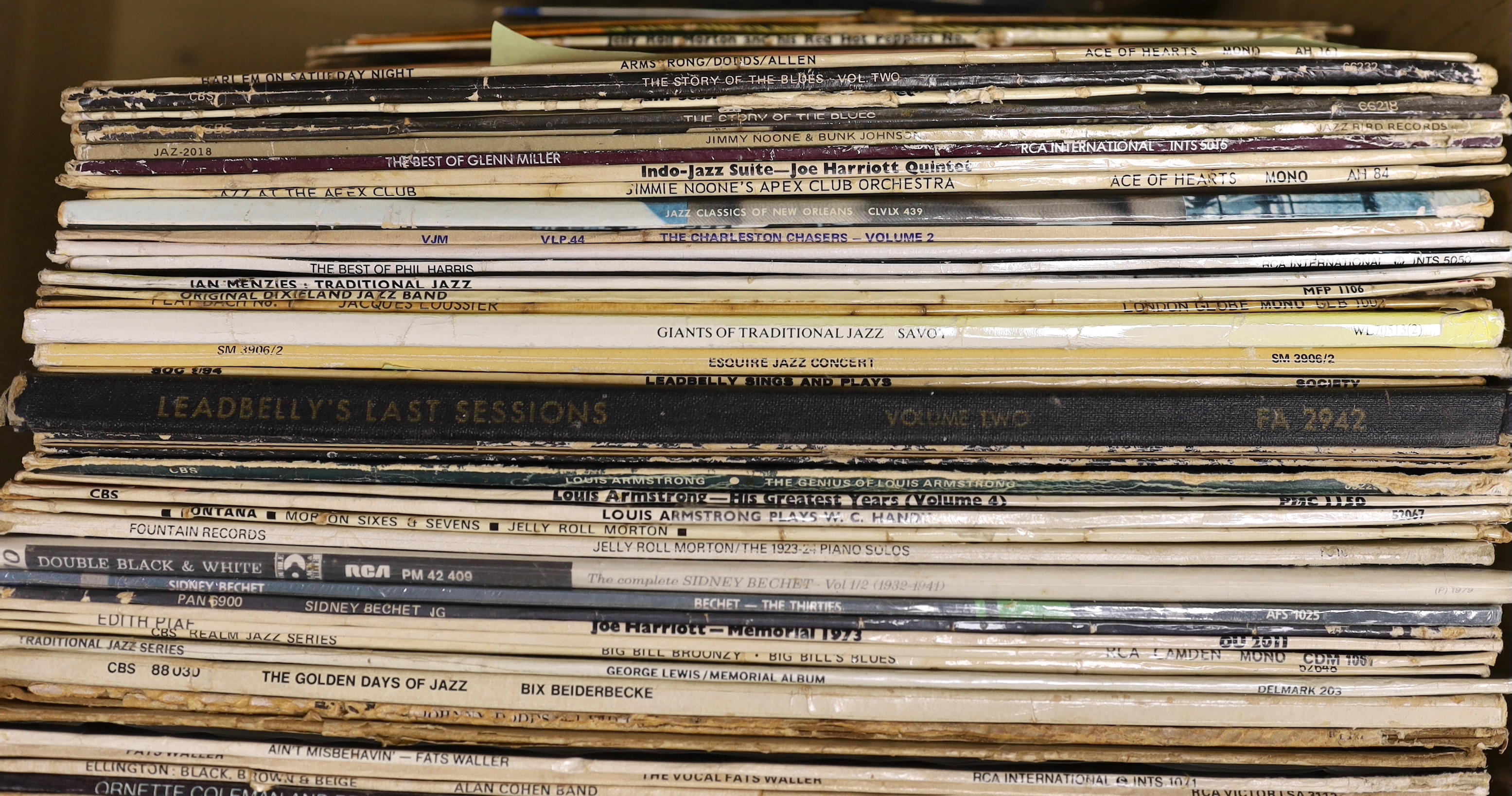 Forty-six Jazz LPs including, Bessie Smith, Charlie, Mingus, Ornette Coleman, Fats Waller, Bix Beiderbecke, Jelly Roll Morton, Louis Armstrong, Leadbelly, Ian Menzies, etc. together with six 10 inch LPs, etc.